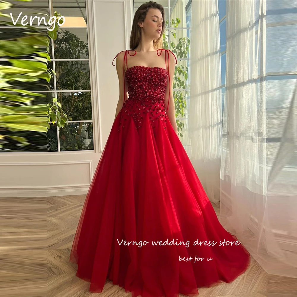 Verngo Red Tulle Sequin Beads Long Evening Dresses 2023 Wedding Party Dress Chic Prom Dress Corset Back Vestido de fiesta