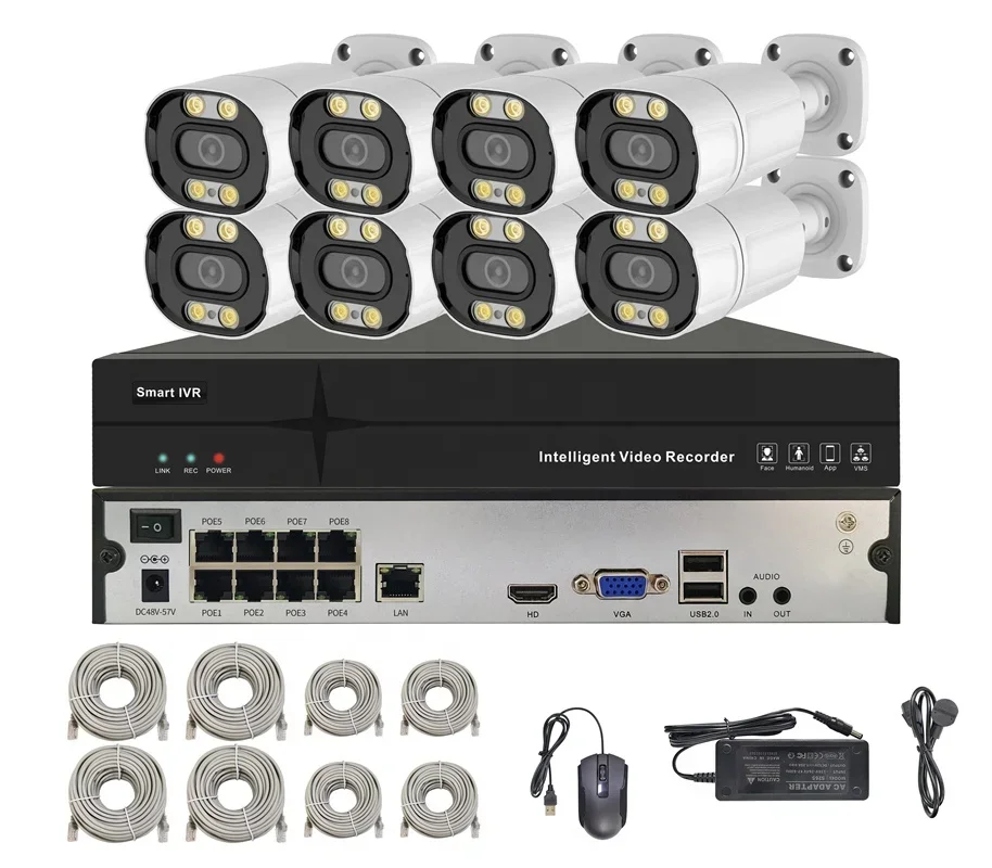 الشركة المصنعة 5mp 4k 8mp 4 8 16 قناة HD AI Ip Poe Nvr كاميرا مراقبة خارجية للمنزل طقم نظام Cctv مع كاميرا