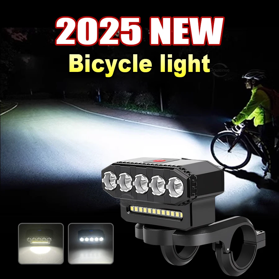 

2025 Новый 5-в-1 светодиодный передний фонарь для велосипеда с сигналом, водонепроницаемый, USB-перезаряжаемый, фара для велосипеда