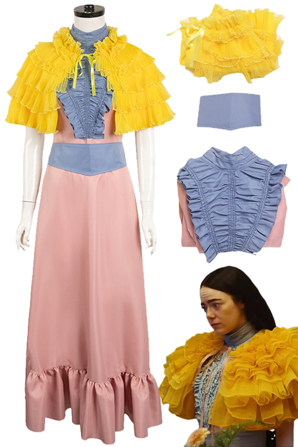 

Belle Baxter Cosplay Blue Pink Set Costume 2023 Movie Poor Things Roleplay Outfit Women Shawl Dress Belt Halloween Party Suits