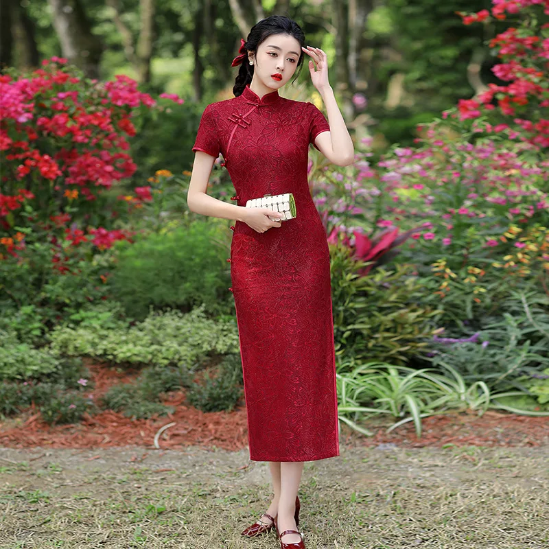 

Lace Long Cheongsam 2022 Red Stand Collar Banquet Slim Dress Daily Chinese Wedding Dress Qipao Traditional Asian Dress