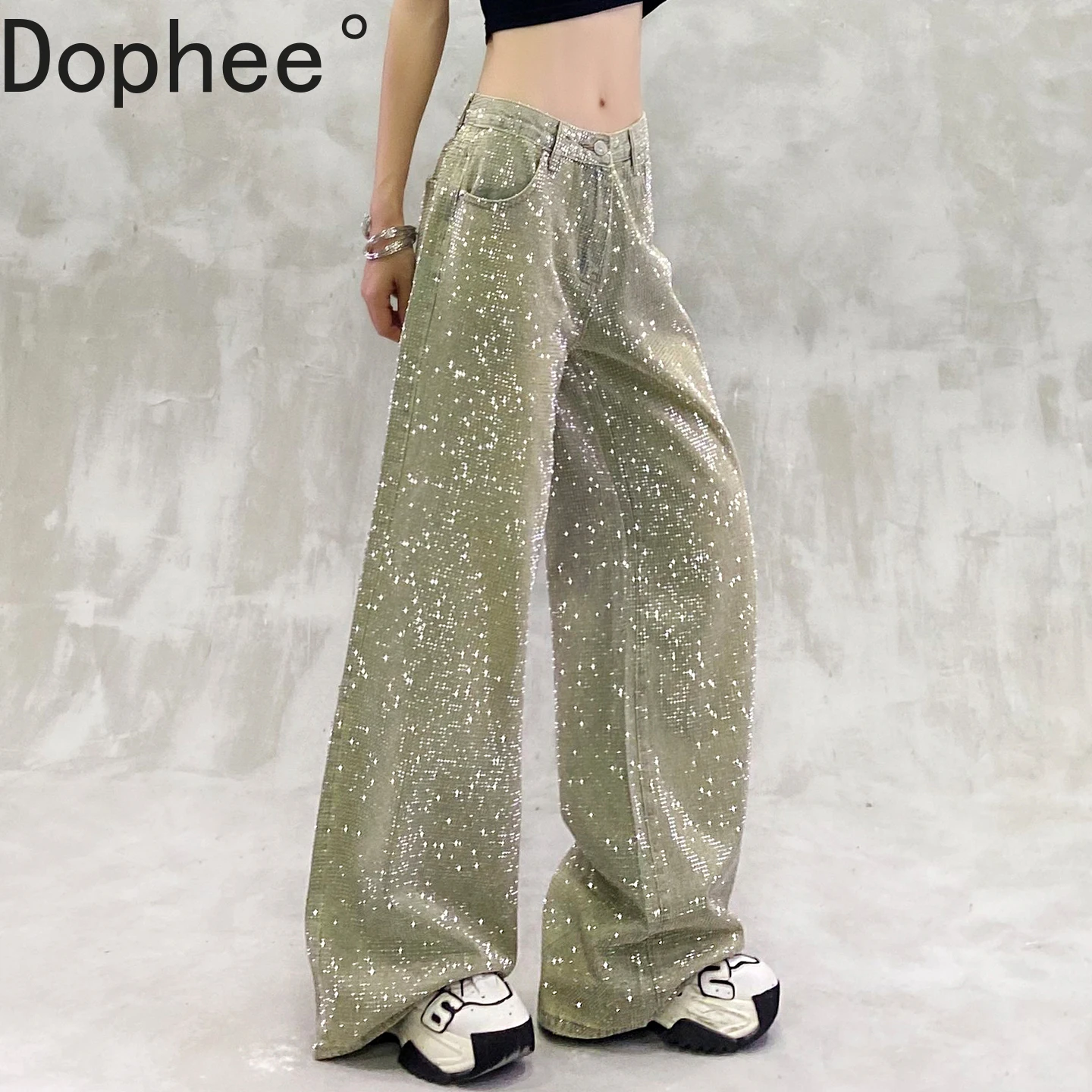 

Blingbling Full Diamonds Hot Drilling Women Denim Trousers All-match High Waist Wide Leg Jeans Mopping Floor Straight Pants