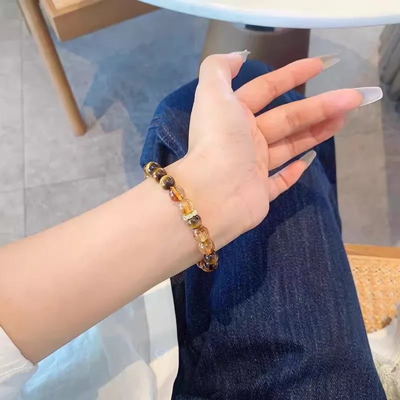 Chinese Style 8mm Citrine Yellow Tiger Eye Stone Handstring Bracelet Unisex Couple Lucky Wealth Blessing Fortune Good Luck Gift