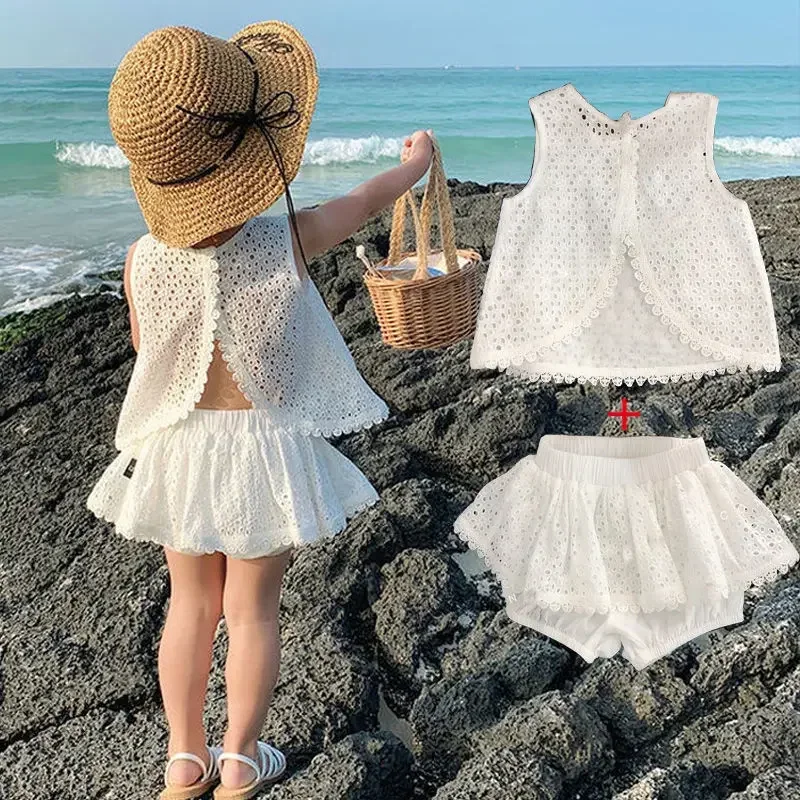 2PCS Kids Sets Summer Girl Clothes Children Hollow Lace Sleeveless Tops Shorts Set Fashion Baby Girl Cardigan Fake Two Suit