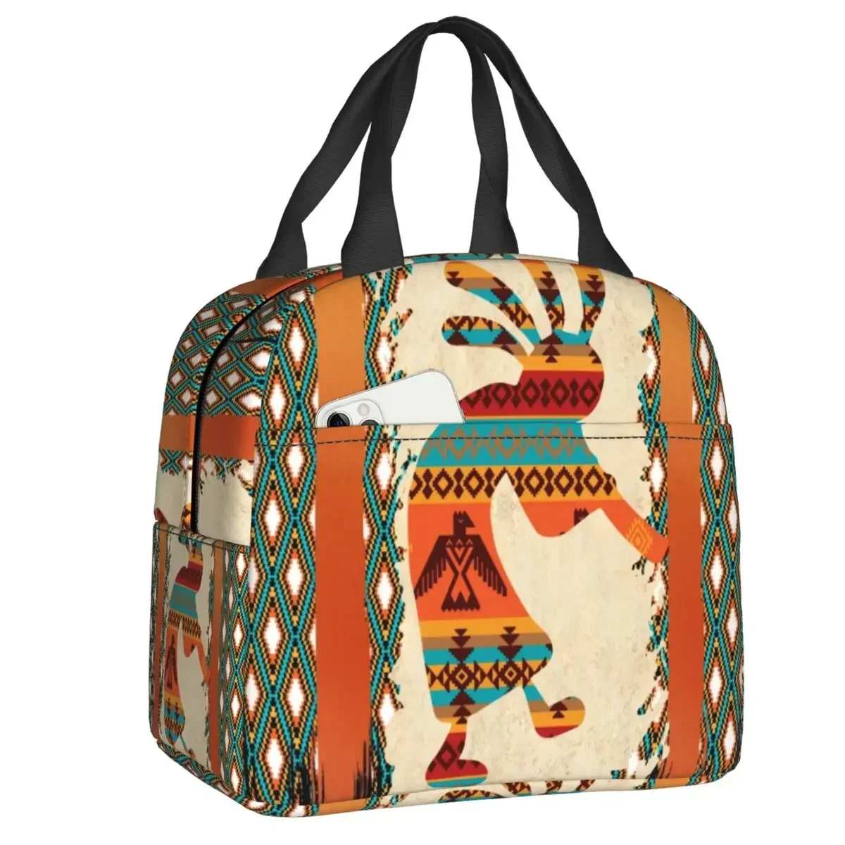 

Custom Kokopelli Insulated Lunch Bags Native American With Tribal Pattern Border Portable Thermal Cooler Bento Box Women
