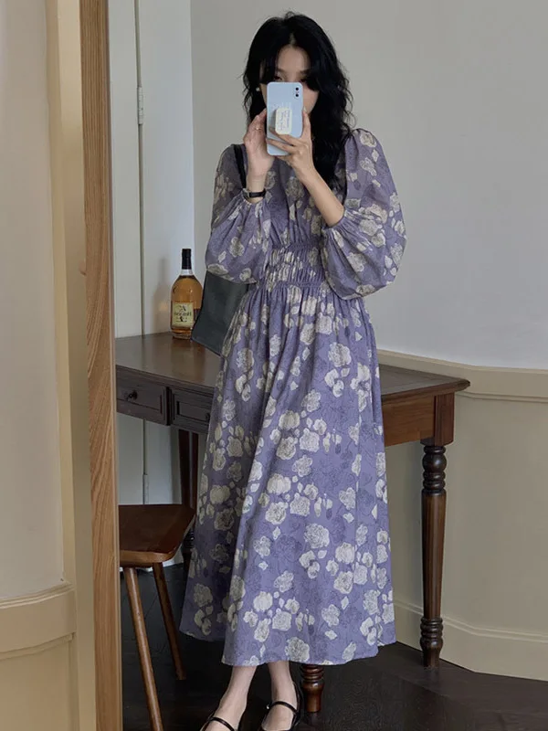 Purple rural style long dress for women's spring and autumn new style with a slim waist and long sleeved floral dress M4Q3