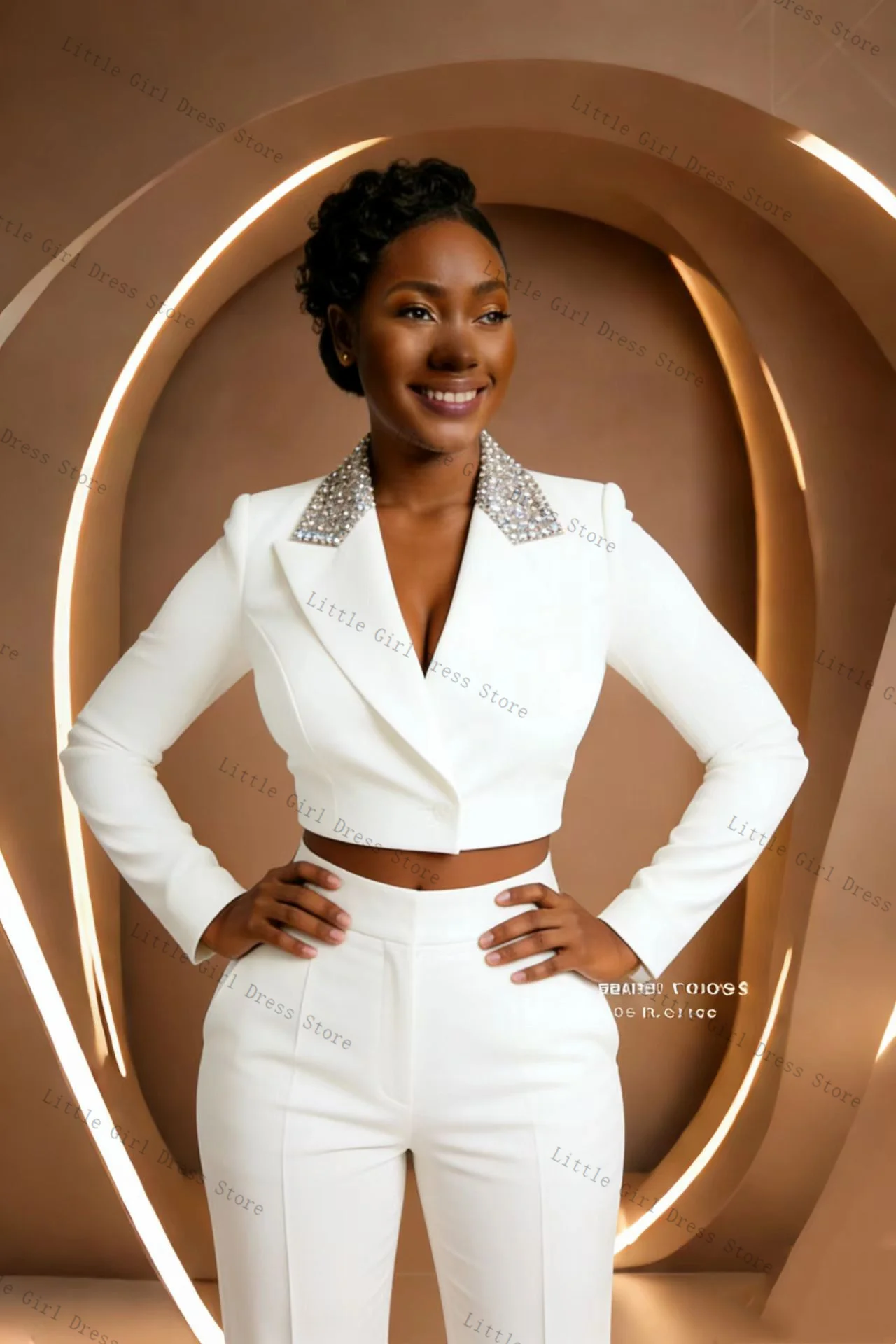 Weißes Damen-Anzug-Set mit Kristallen, 2-teilig, kurzer Blazer, Hose, formelle Büro-Damenjacke, Abschlussball, Hochzeit, Brautmantel, maßgeschneidert