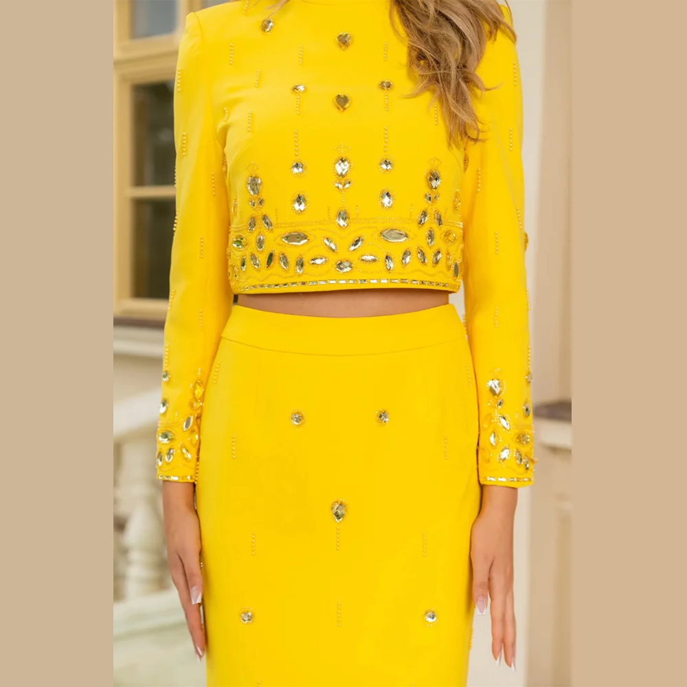 TWOTWINSTYLE Solid Spliced Diamonds Two Piece Sets for Women Stand Neck Long Sleeve Top High Waist Skirt Temperament Set Female
