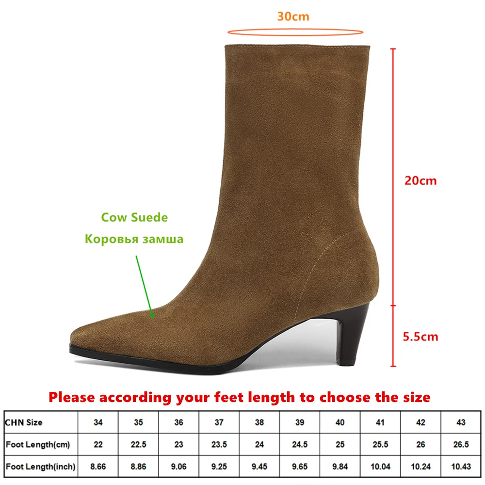 Aucegi New Trend Women Cow Suede Slim Mid-Calf Boots Fashion Small Square Toe High Heels Ladies Slip-on Dress Handmade Shoes