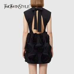 TWOTWINSTYLE Spliced Lace Up Backless Dress For Women Round Neck Sleeveless High Waist Patchwork Applique Elegant Dresses Female