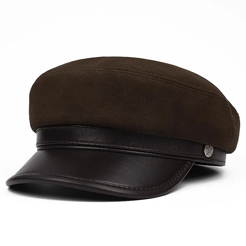 

Autumn Winter Sheepskin Suede Warm Military Hats Flat Caps For Women British Fashion Trend Party Hat Men Genuine Leather Cap