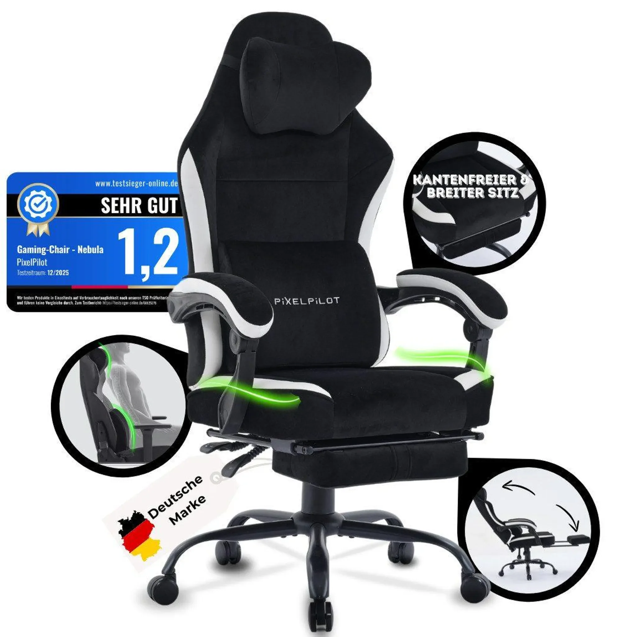 PixelPilot ® Chaise de jeu ergonomique [tissu respirant] avec repose-pieds, support pour la tête et les lombaires, chaise de bureau PC [assise large]