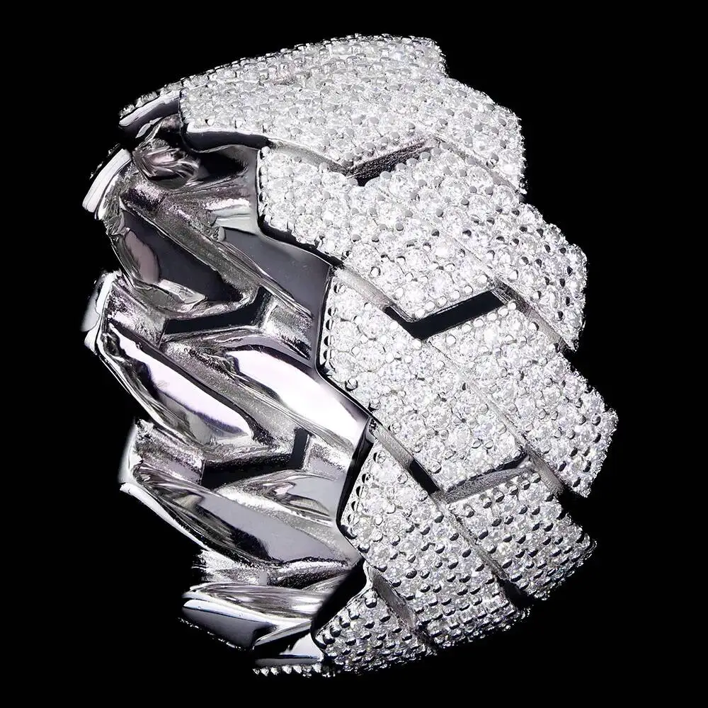 Factory Wholesale Custom Miami 925 Sterling Silver Mossanite Jewelry 3 Rows Cuban Moissanite Diamond Iced Out Hip Hop Ring Men
