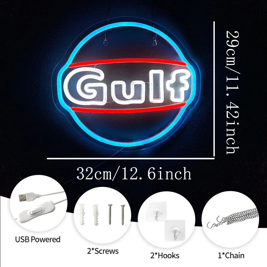 Gulf Letter Led Neon Lights, Garage Art Signs Usb Connection Power Supply, Men'S Caves, Garage Retro Signs, Business Decoration.