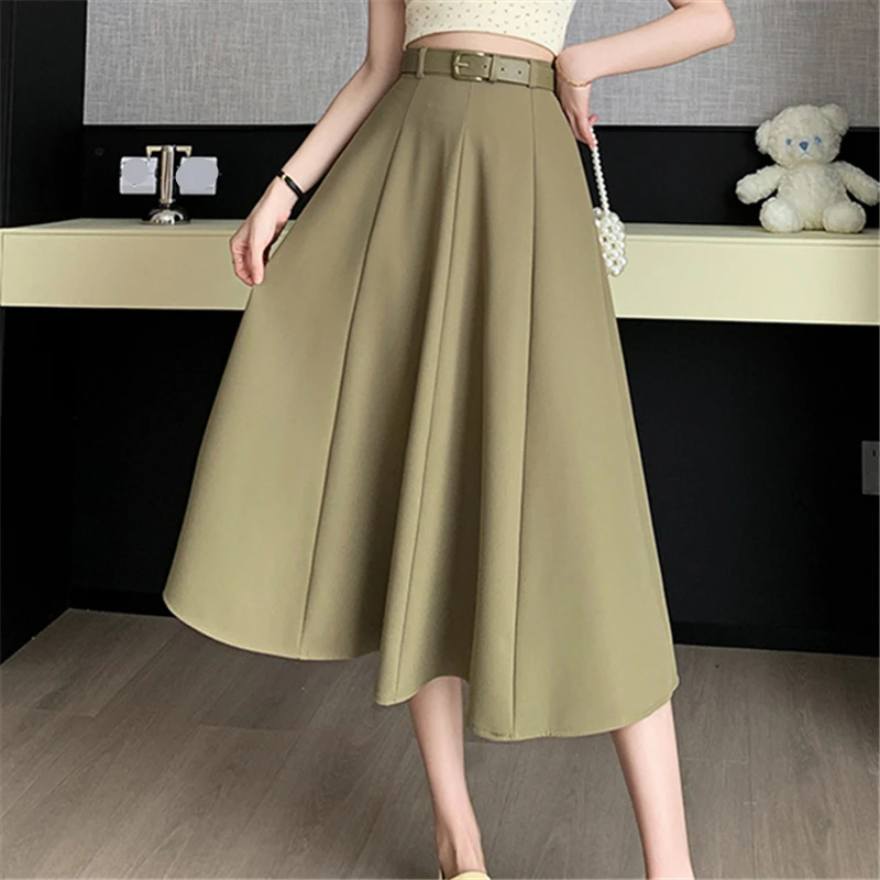 Seoulish Solid Color Women's A-Line Skirts Summer 2024 Spring New High Waist Vintage Office Ladies Casual Mid Skirts Female