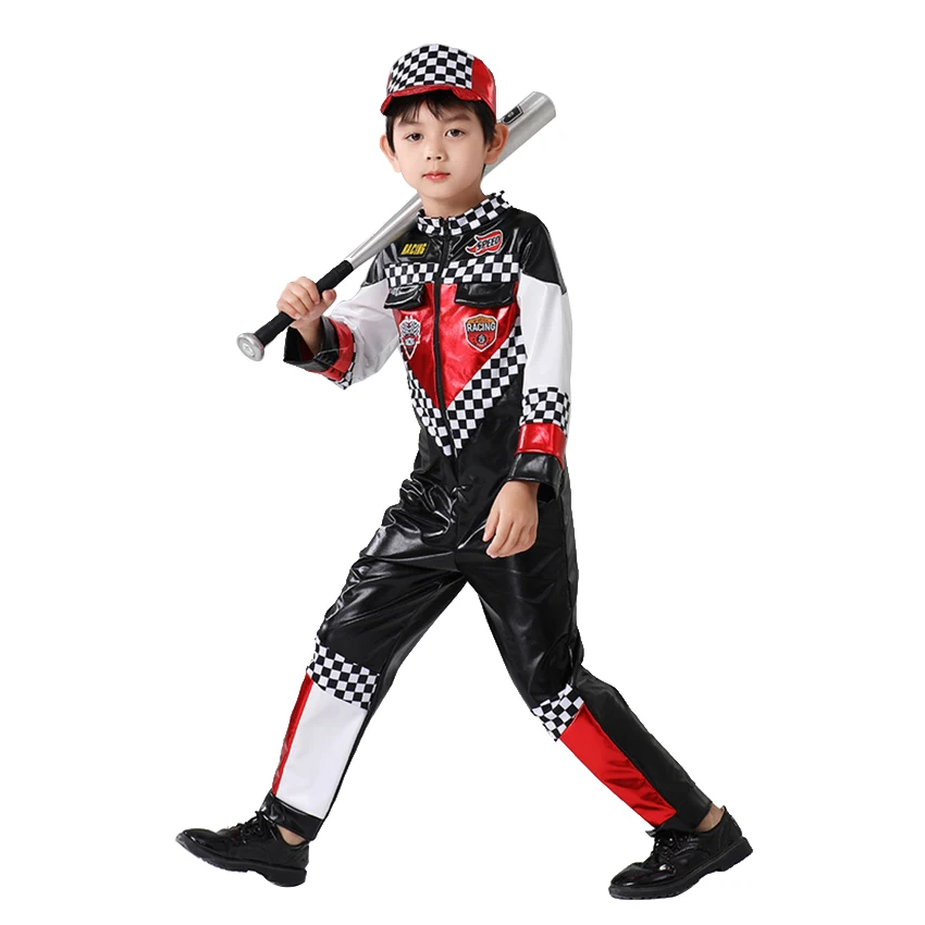 Pro Racing Driver Uniform Jumpsuit Cosplay Anime Halloween Costume for Kid Zentai Party Dress Carnival Masquerade Model Boy Cap