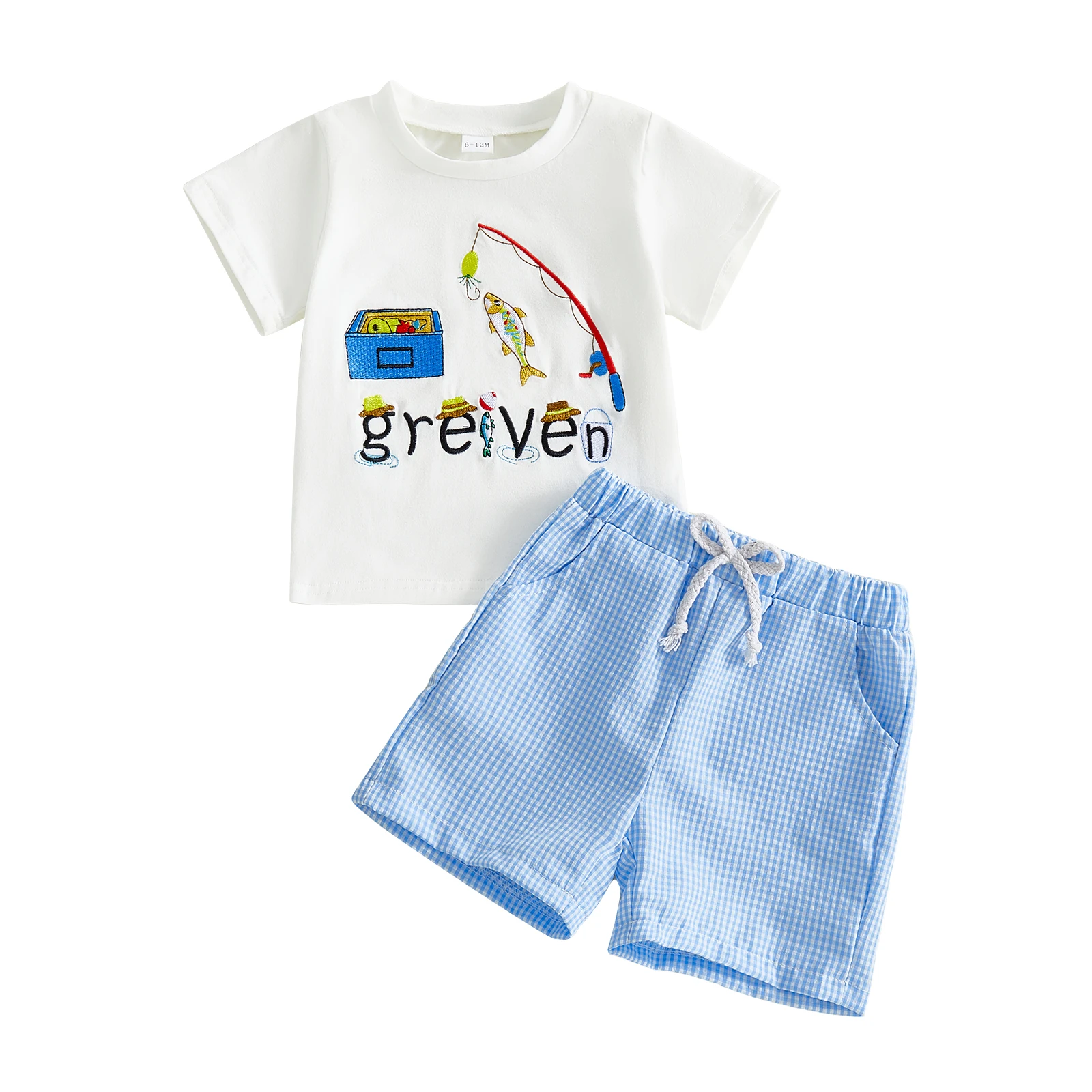 2Pcs Baby Boy Summer Outfits Short Sleeve Fish Embroidery T-Shirt + Shorts Set Toddler Clothes