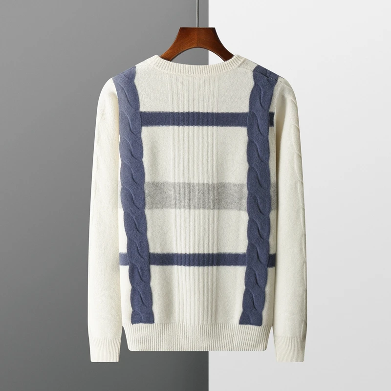 Autumn And Winter New 100% Wool Men's Round Neck Color Matching Knit Bottoming Shirt Business Casual Loose Cashmere Sweater
