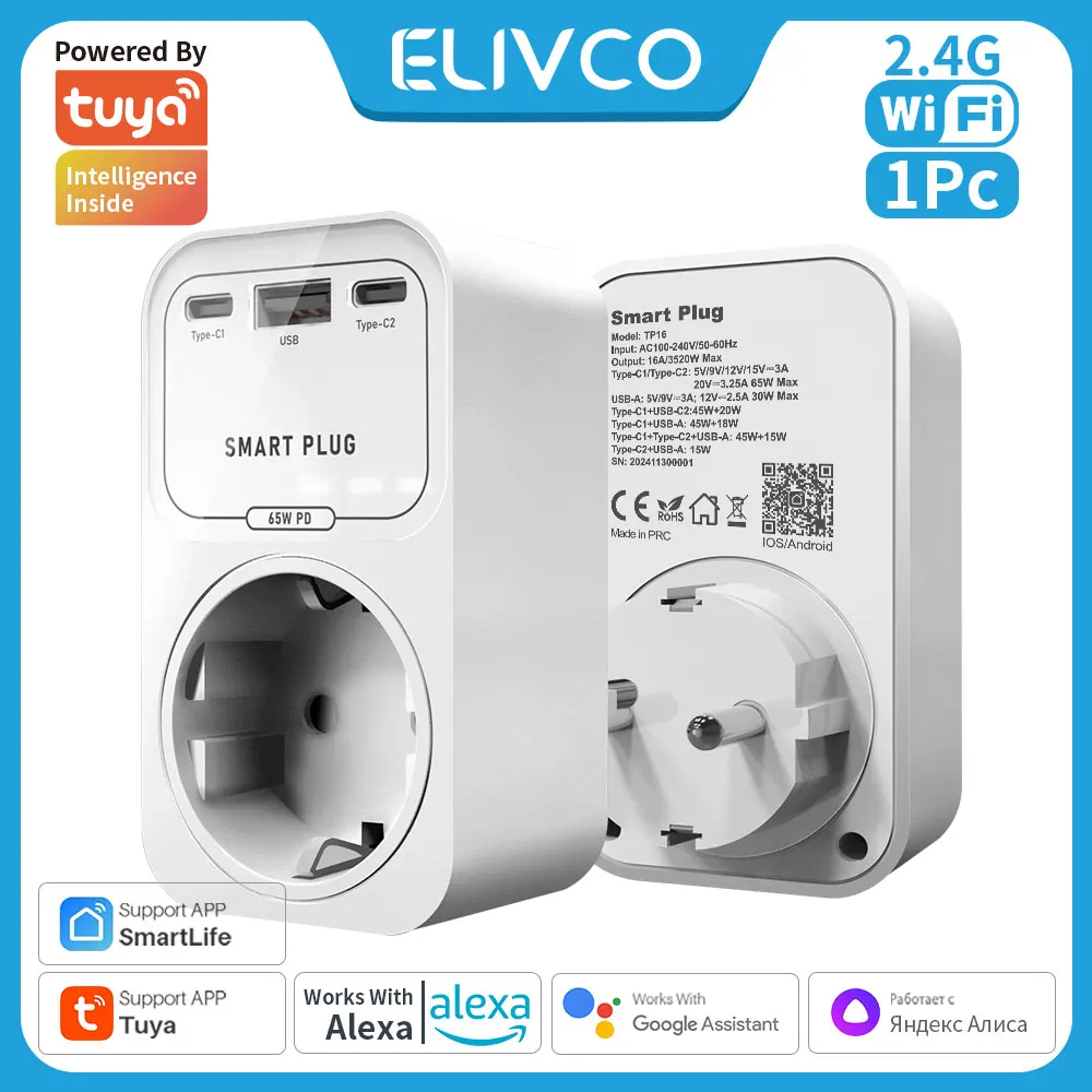 Tuya WiFi 16A Smart Plug Smart Fast charging Socket With 2 Type-C 1 USB Interface Supports Google Assistant Alexa Voice Control