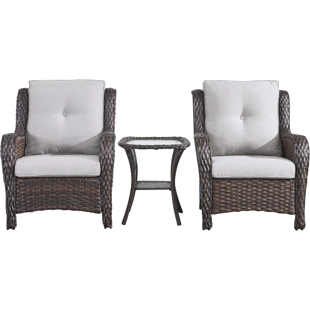 

Patio Bistro Set Wicker Chairs - 3 Piece Outdoor Rattan Conversation Set with 2 Armrest Chair and 1 Side Table