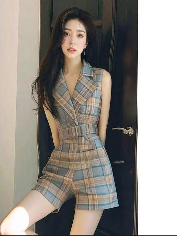 Été Plaid Svel Godd Sle Onesie trajet Faion taille haute ort pantalon femmes vêtements jambe droite pantalon