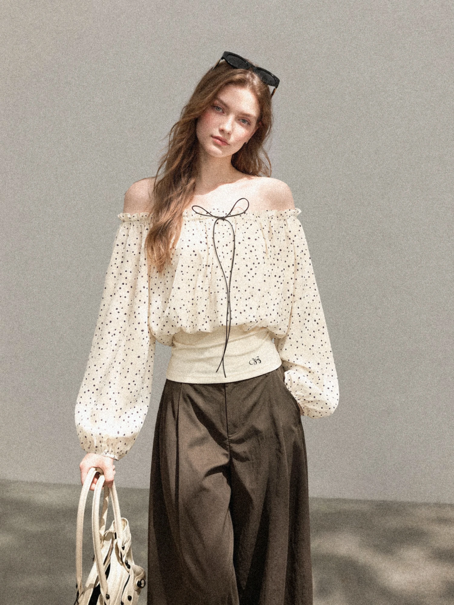 Polka Dot One Shoulder Long Sleeve Chiffon Slim Fit Waist Cinching Women's T-Shirt Early Autumn Design Korean Style Top