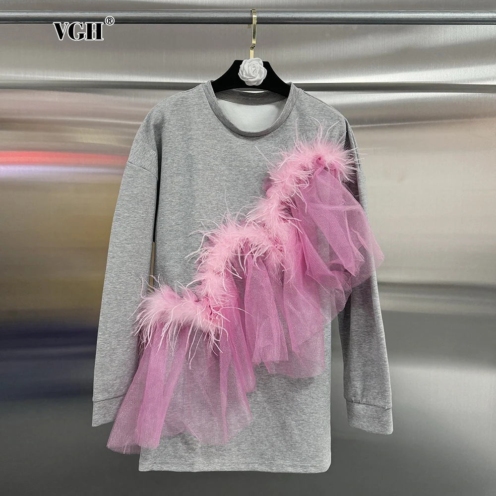 

VGH Solid Patchwork Feathers Casual T Shirts For Women Round Neck Long Sleeve Minimalist Loose Pullover T Shirt Female Fashion