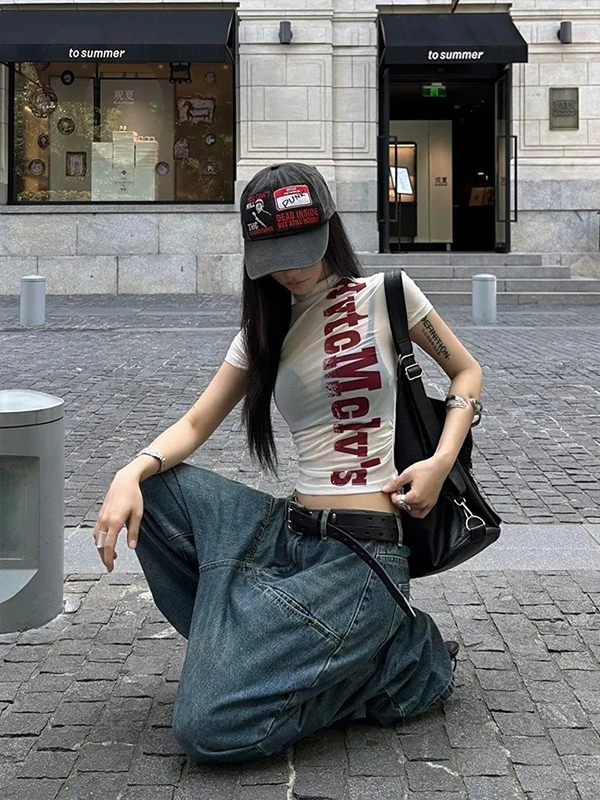 American Letter Print Short Sleeve T-Shirt Women Summer New Slim Fit High Collar Sexy Semi-Transparent Top round Neck Short L...