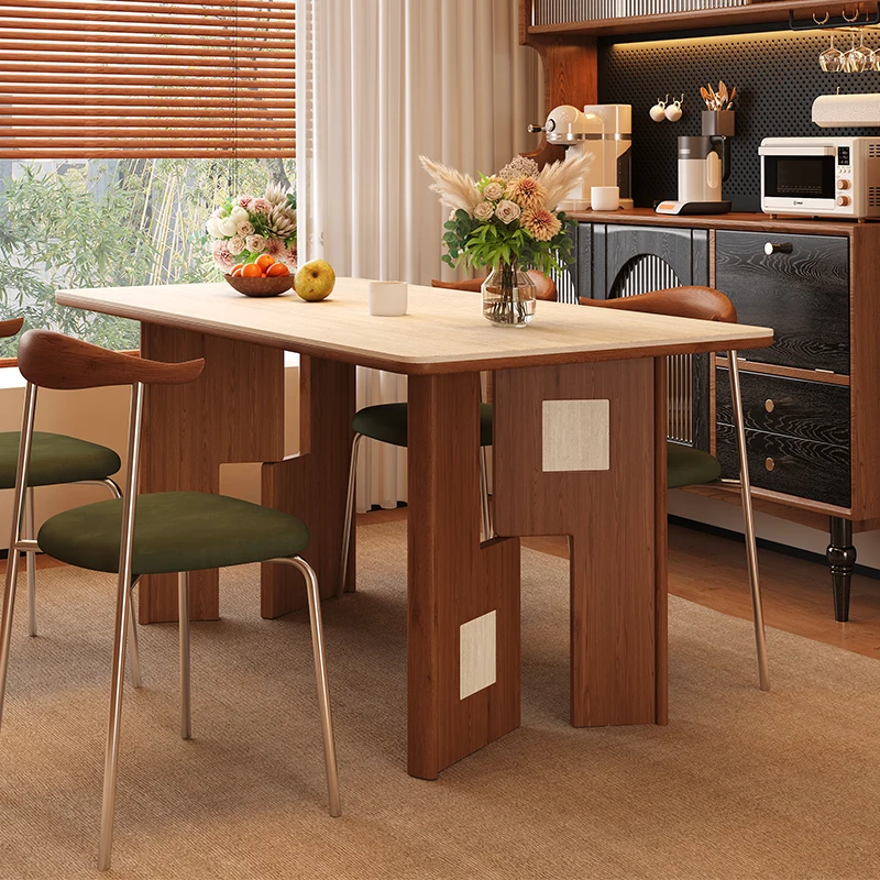 Medieval Rock Slab Dining Table Simple Small Apartment Living Room Household Solid Wood Rectangular Dining Table