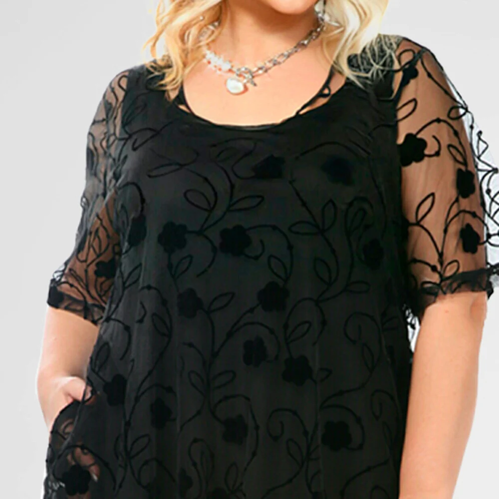 Vestido Midi de malha com pescoço redondo, semi formal, preto, organza, bordado floral, renda, Halloween, plus size