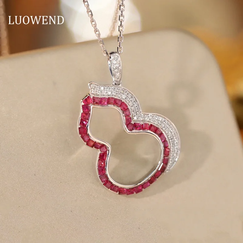 

LUOWEND 18K White Gold Necklace Fashion Gourd Design Natural Ruby Real Diamond Luxury Gemstone Necklace for Women Engagement