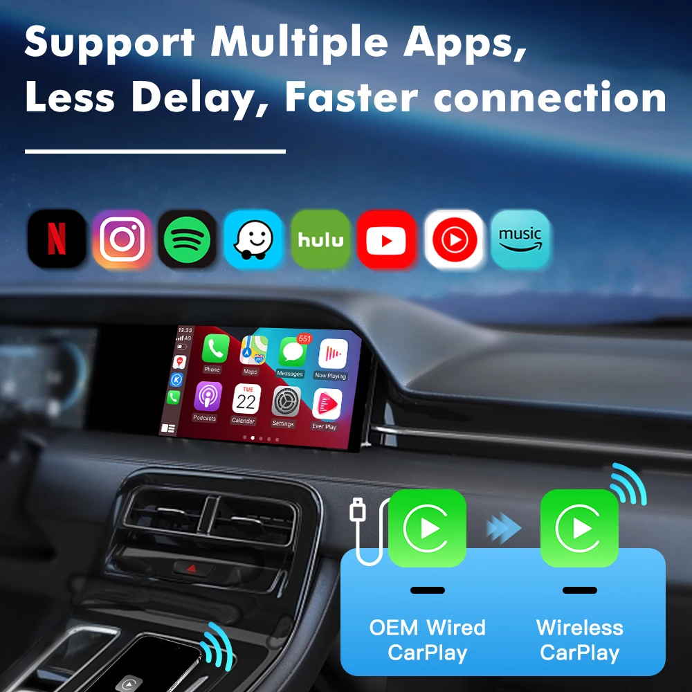 MMB Mini Wired to Wireless Bluetooth V5.2 Apple Carplay Adapter Automatic connection GPS navigator Bluetooth V5.2 Plug and Play