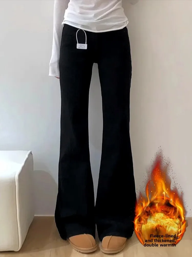 

Fleece Lined Flared Jeans Women's Autumn Winter New plus Size Slimming High Waist Elastic Cotton Denim Bootcut Pants