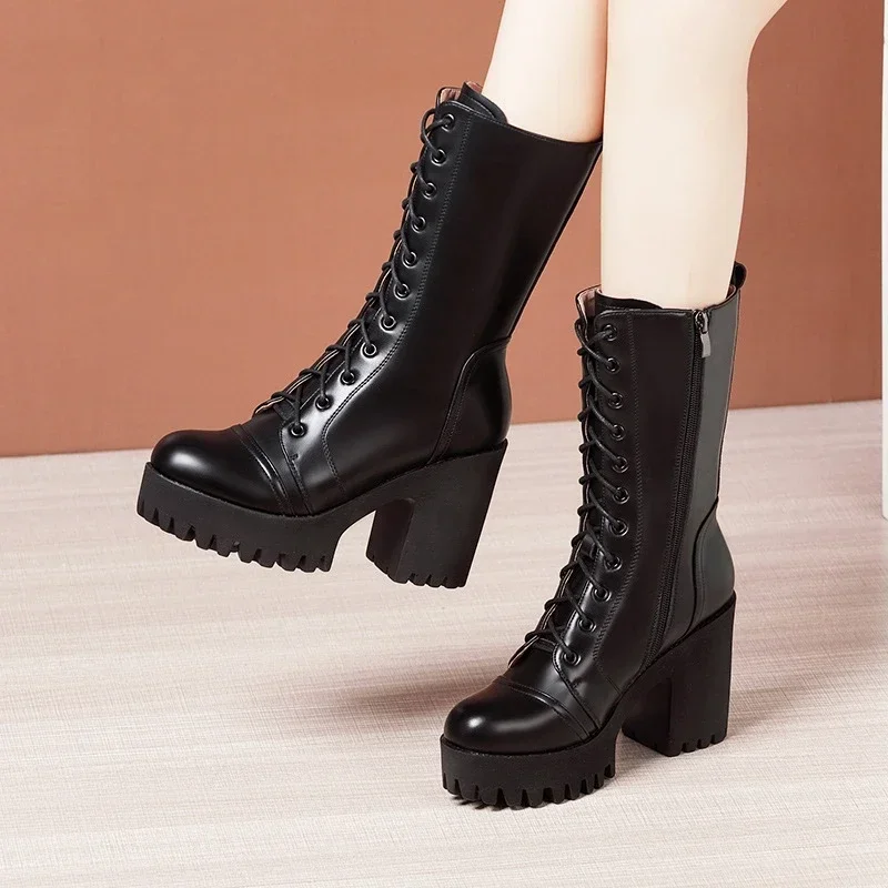 10cm Small Size 32-43 Fall Winter Genuine Leather Boots Platform Shoes 2024 Womens Block High Heels Mid Leg Boots Office Model