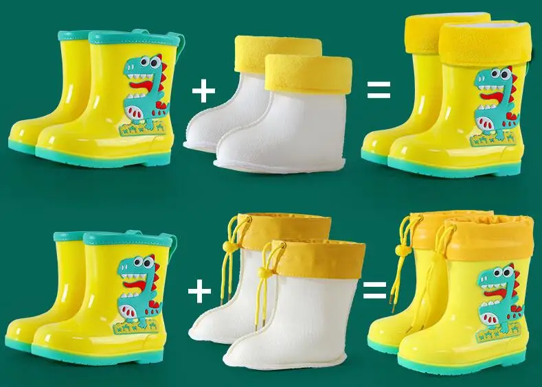 Rain Boots Kids Girl Cute 3D Rainboots Dinosaur Children\'s Boys Boots Plush Warm Ankle PVC Waterproof Toddler Water Shoes