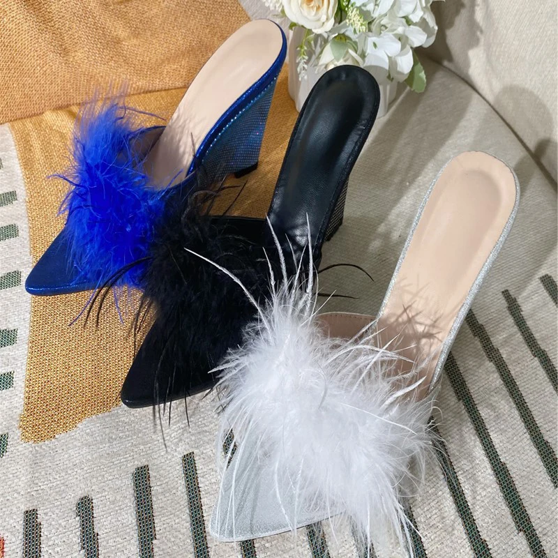 Kcenid nuove donne zeppe pantofole moda soffice piuma sandali estivi Peep Toe scivoli poco profondi scarpe tacchi alti muli femminili