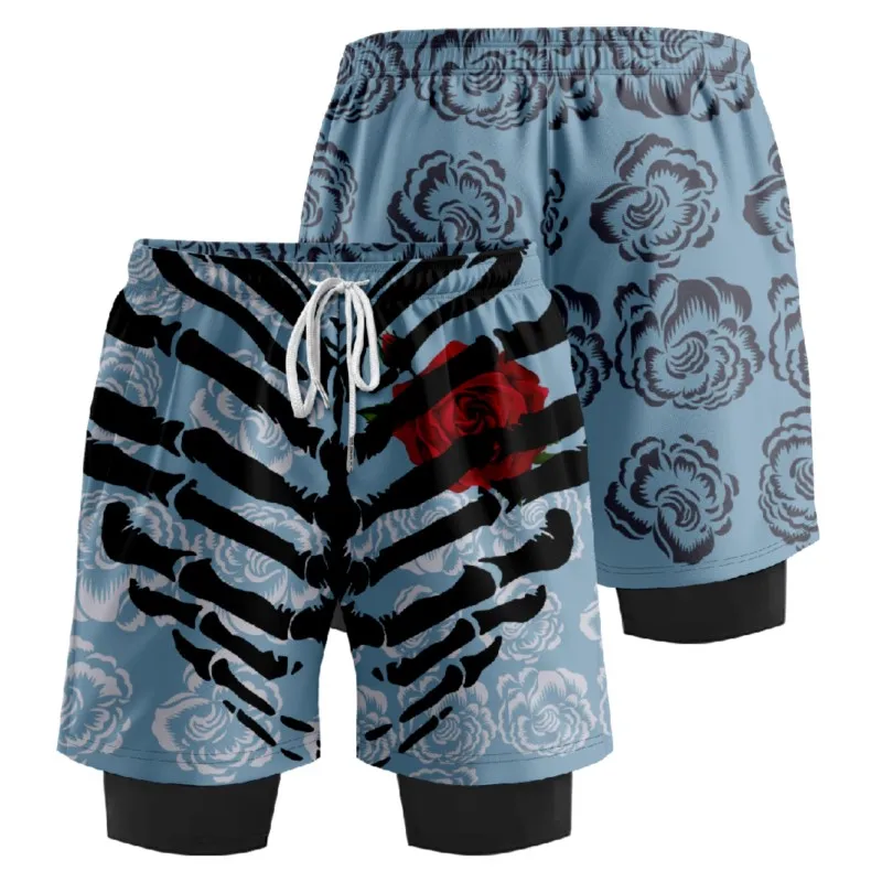 Y2k Skull Rose Print Shorts Men's False Two Shorts Beach Sports Shorts Board Summer Streetwear Short For Men Basketball Pants