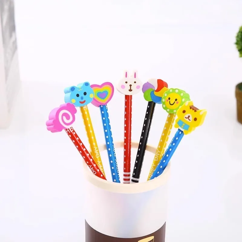 40piece Random cartoon animal HB pencils School students Wooden pen with removable eraser cute erasable correction pen