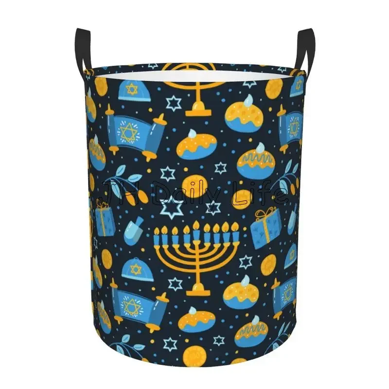 Happy Hanukkah Jewish Festival Holiday Laundry Basket Waterproof Foldable Dirty Clothes Basket Toys Storage Bin Laundry Hamper