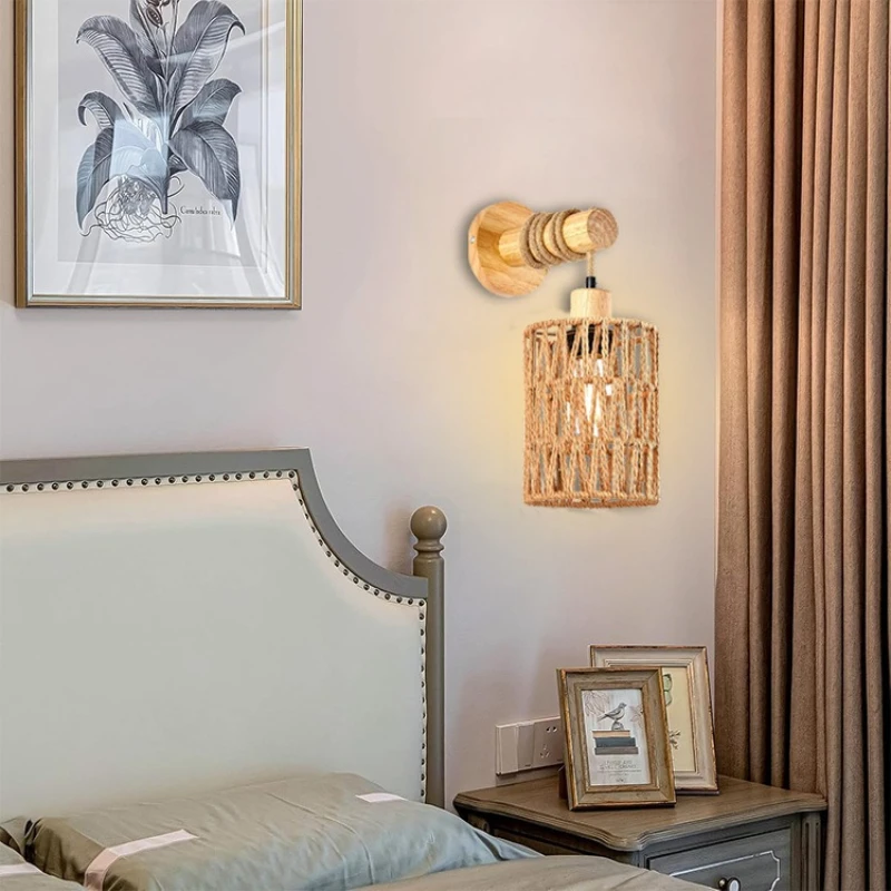 

Wooden Wall Lamp Pastoral Retro Wall Light Rattan Cane Hemp Rope Living Room Mood Lights Countryside Minimalist Lighting Lamps