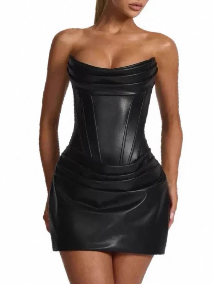

2026 Spring Spicy Style PU Leather Pleated Fishbone Waist-Cinching Off-Shoulder Tube Top Dress American Sexy Slim A-line Dress