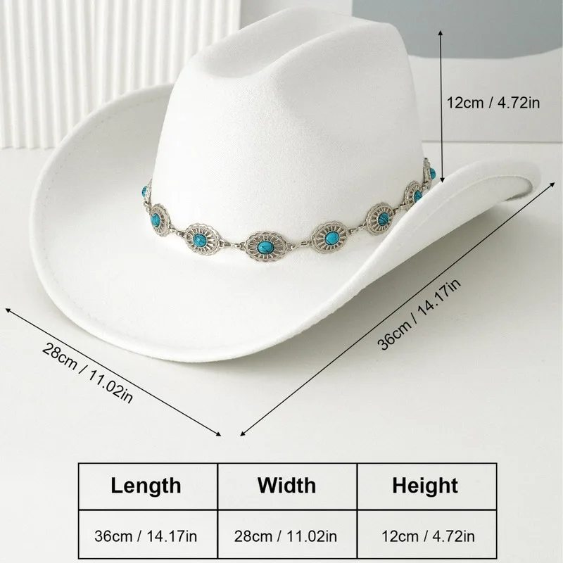 Trendy men's and women's turquoise belt, and a bohemian-style vintage wide-brimmed hat for parties.