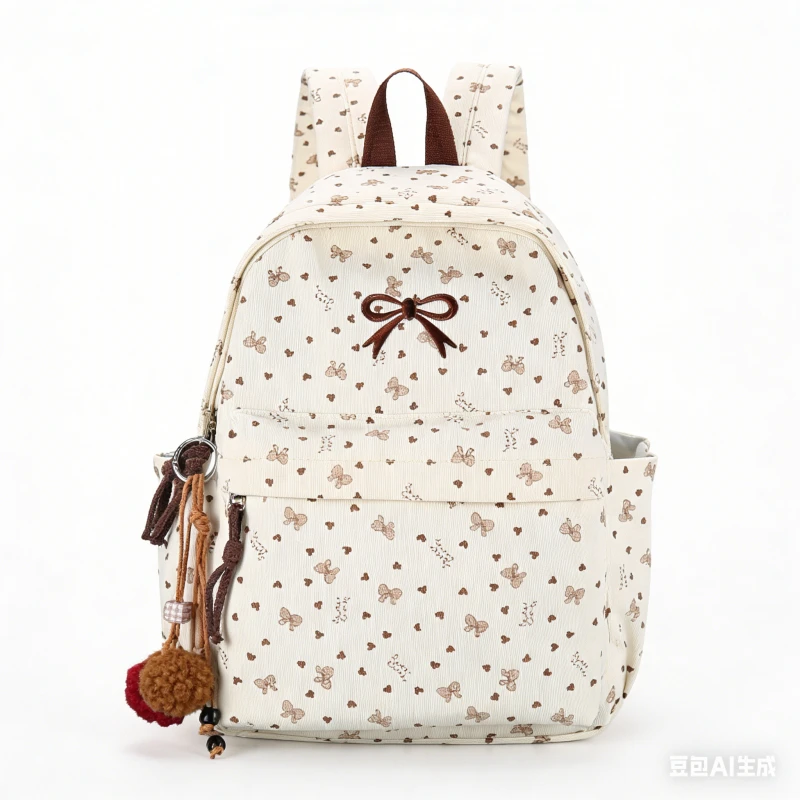 

Back To School Season Playful Bow Print Backpack Quilted Multi-Pocket Adjustable Straps Large Capacity Backpack for Daily Use