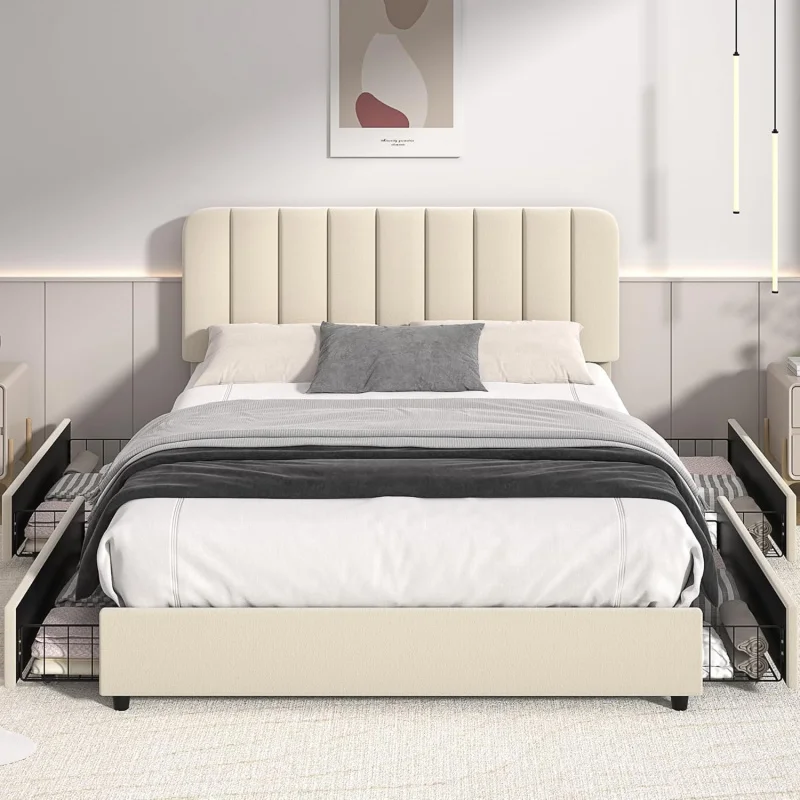 VECELO Full Size Upholstered Bed Frame with 4 Drawers and Adjustable Headboard,Velvet Platform Storage Bedframe Mattress Foundat