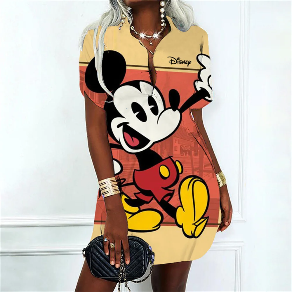 Korean Fashion Elegant Women\'s Dresses for Party 2024 Dress Polo Shirts Woman Clothes V-Neck Mickey Disney Y2k Minnie Mouse Sexy