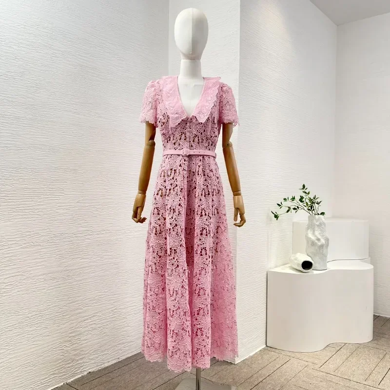 Women's Pink Midi Dress Lace Embroidery Hollow Out Short Sleeve Belt Elegant Style Daily New High Quality 2024