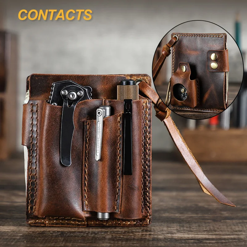 HTS-CF9104 Retro Genuine Cowhide Tool Kit Multifunctional Outdoor Portable Flashlight Pen Case Waist Bag