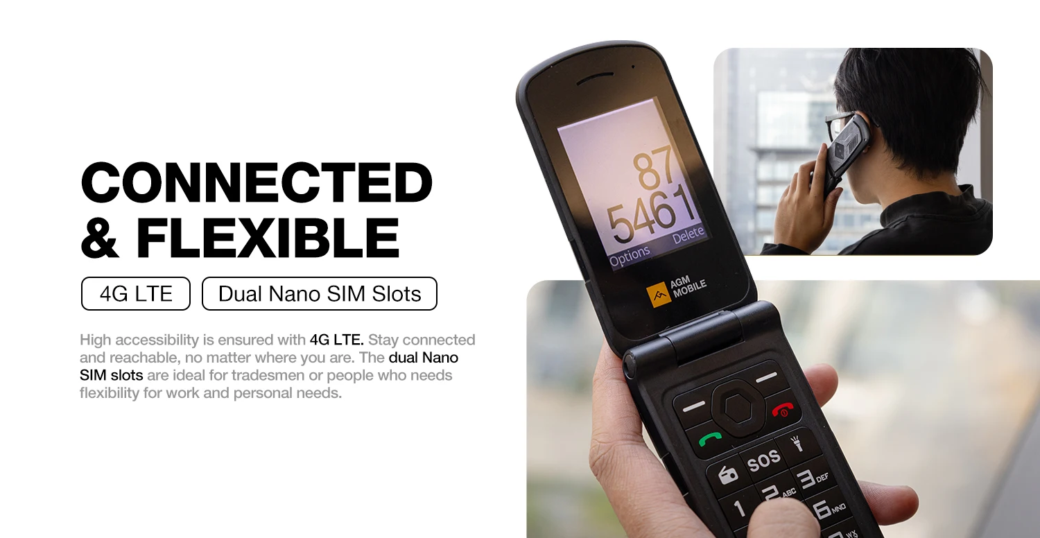 AGM M10 Rugged 4G Feature Phone Big Button Full Band Flip Phone Dual SIM Cellphone With Loud Speaker English or Russian Keyboard