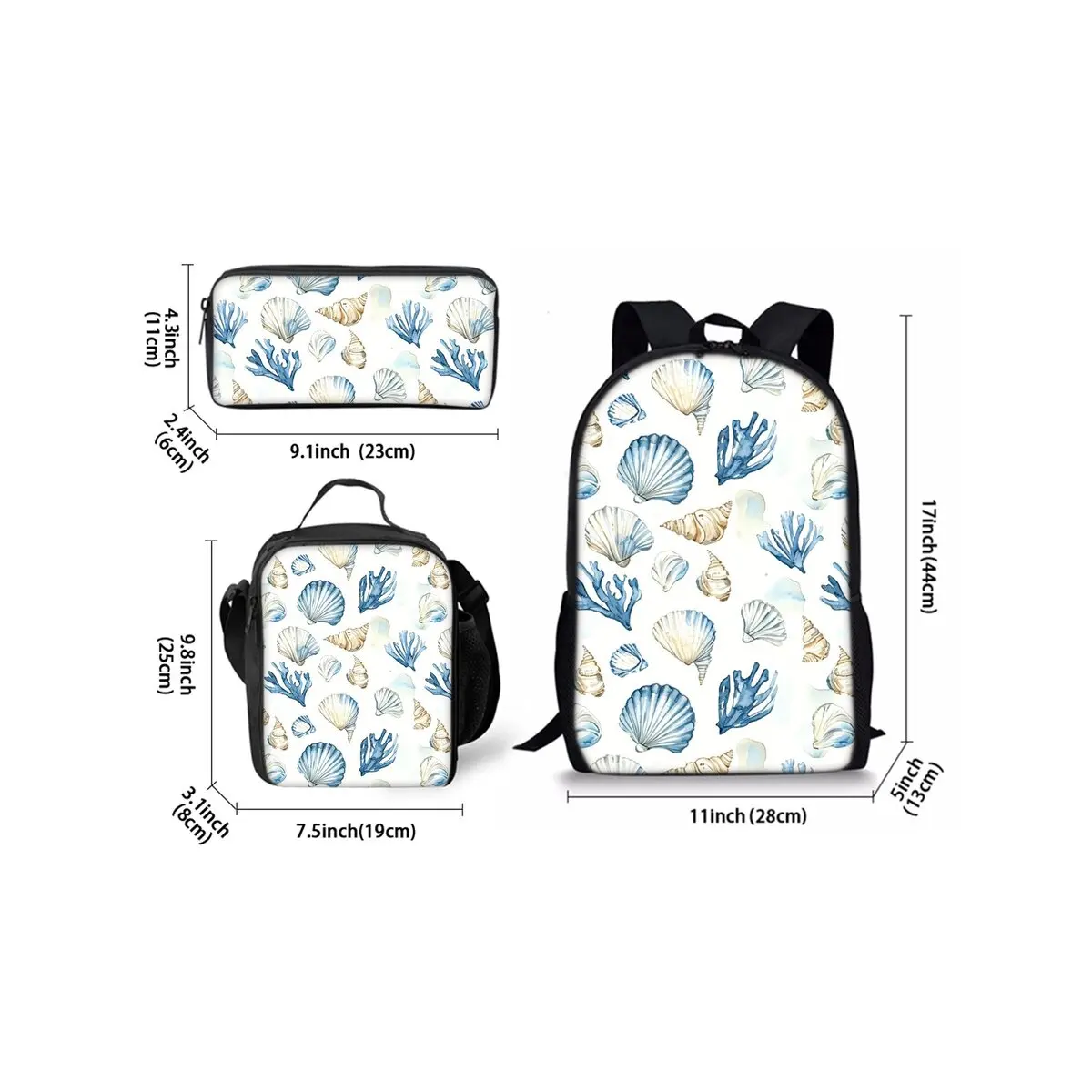 Shell Print Three Piece Backpacks Set for Boy and Girls Best Gifts 2D Flat Cartoon School Bag for Children