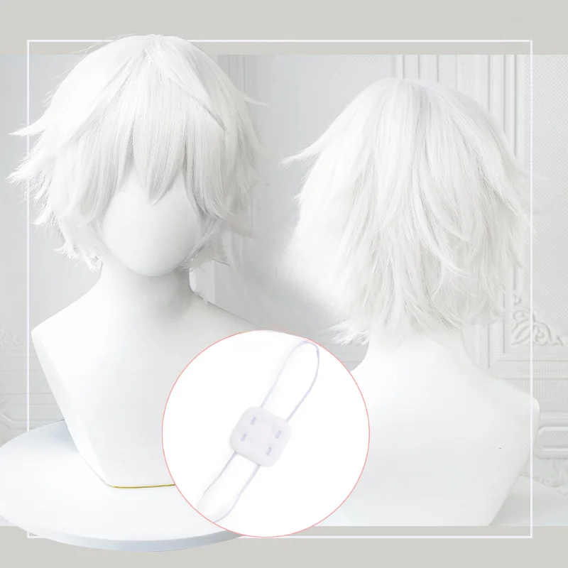 Anime Ken Kaneki Cosplay-Perücke – Kurze weiße, flauschige Perücke mit Augenmaske, hitzebeständige Kunstfaser, Party-Performance-Requisite